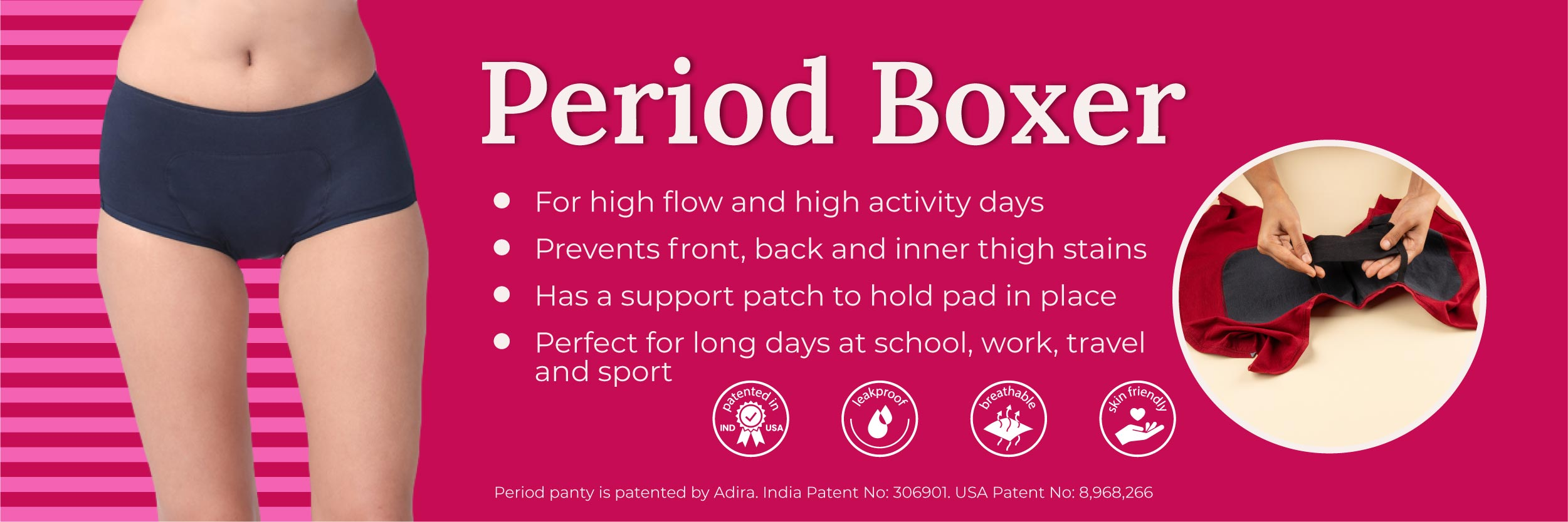 Buy Adira, Reusable Period Underwear, Boxer Fit For High Flow, Reusable, With Support Patch For Pad, Leakproof & Skin Friendly, For School,  Travel & Work