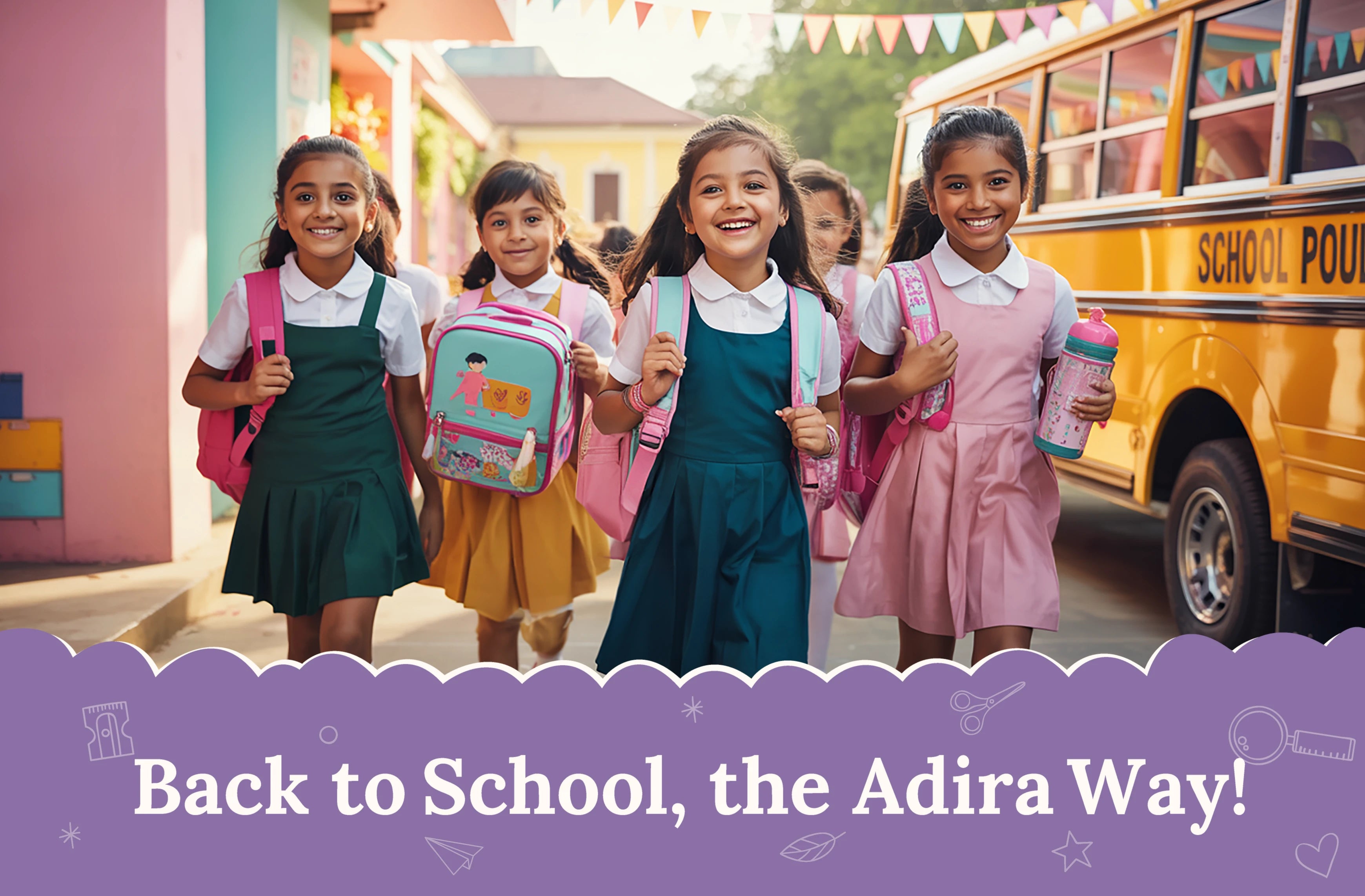 Back-to School, The Adira Way! A group of girls going to school with happy smiles on their faces with a sunny daylight along with school bus behind them.slider_item_jbTCXf