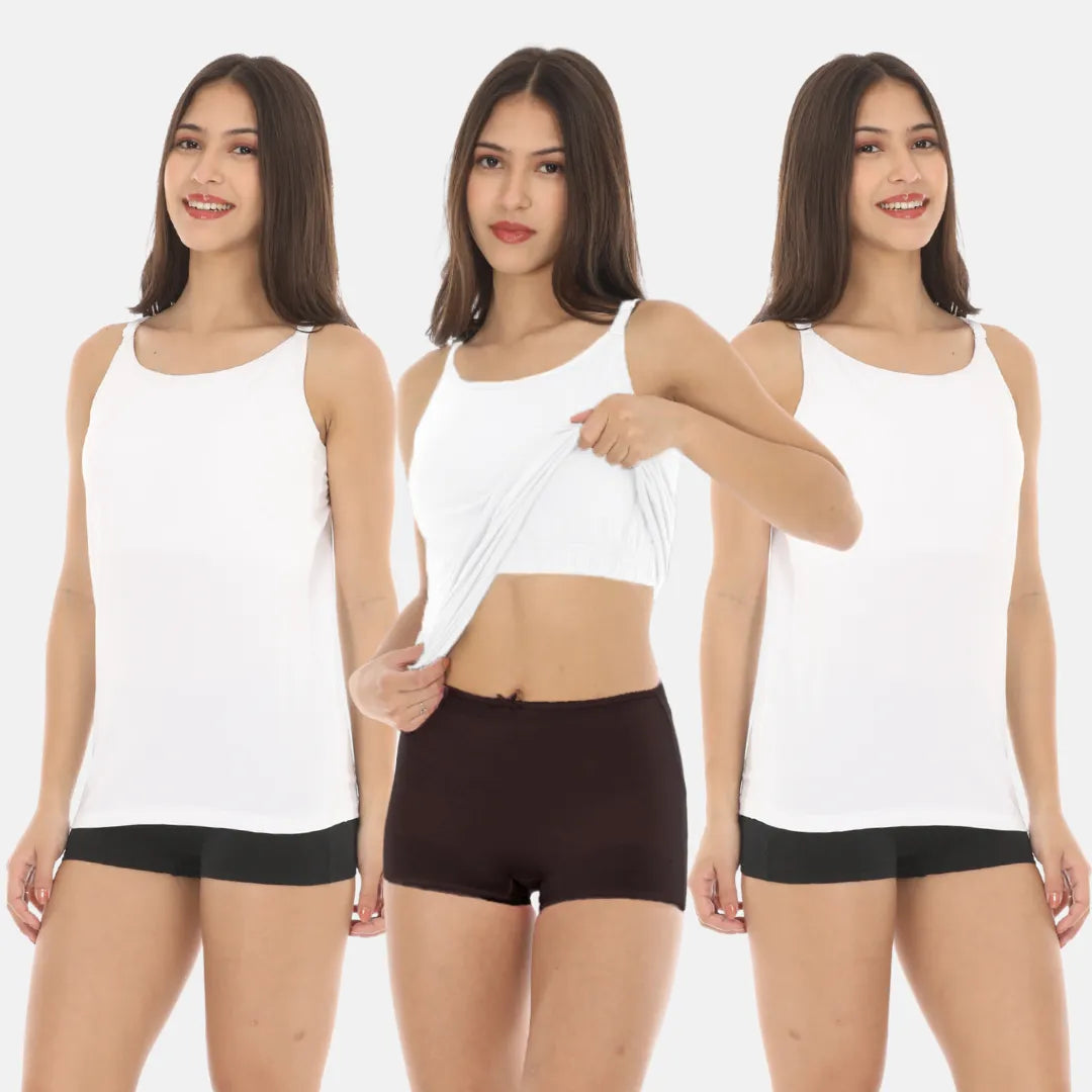 Camisole With Inbuilt Bra White Pack Of 3