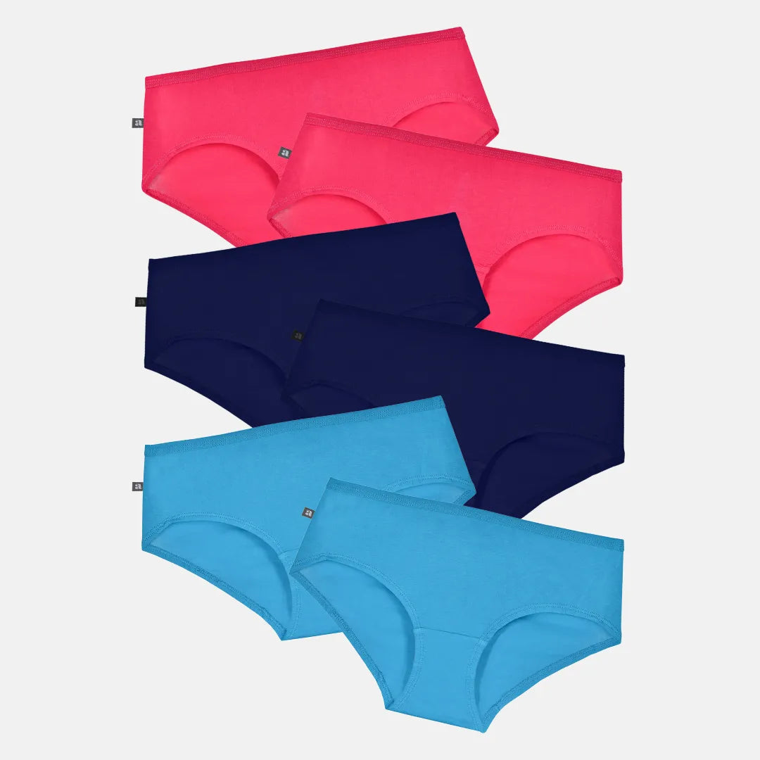 Cotton Panties for Teens Dark Pink, Navy Blue & Bright Blue Pack Of 6