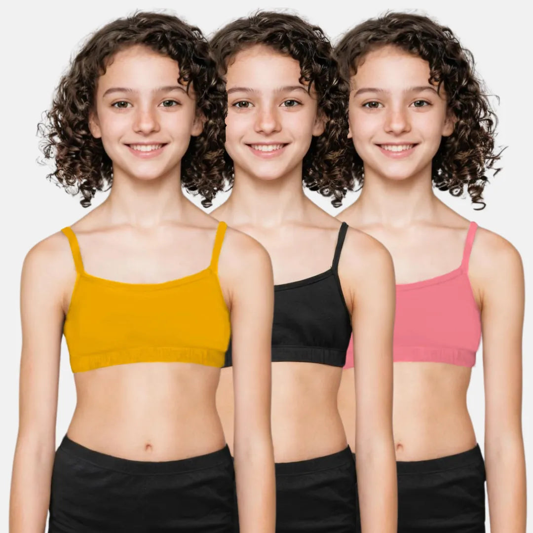 Cotton Teenager Bra Mustard, Black & Flamingo Pink