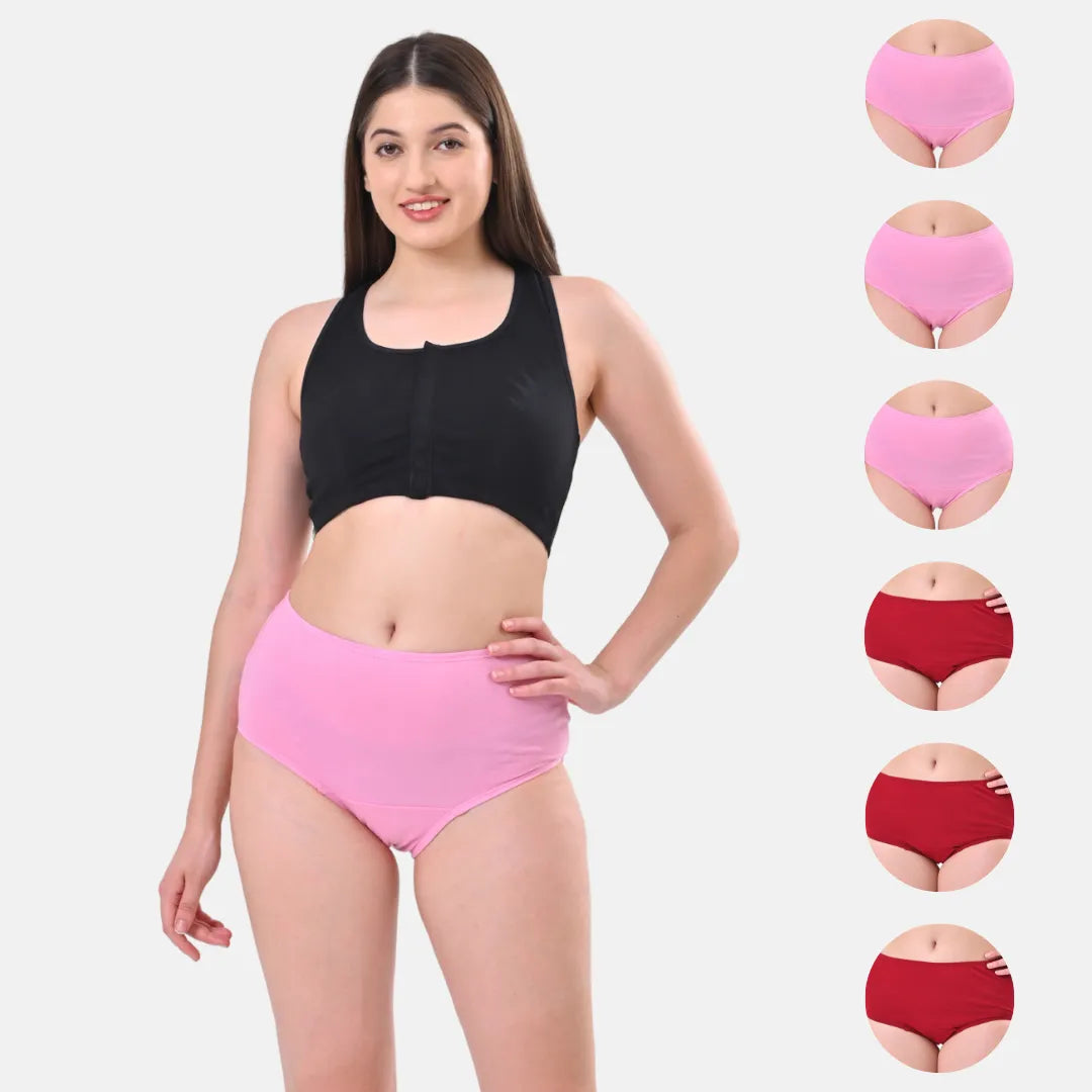 High Waist Cotton Panties Light Pink & Maroon Pack Of 6