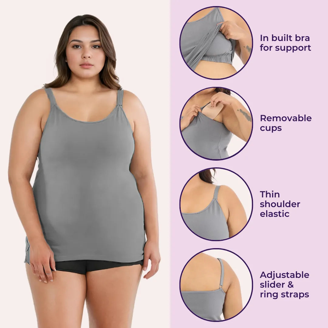 Camisole With Built In Bra For Large Breasts Steel Grey, Black & Skin