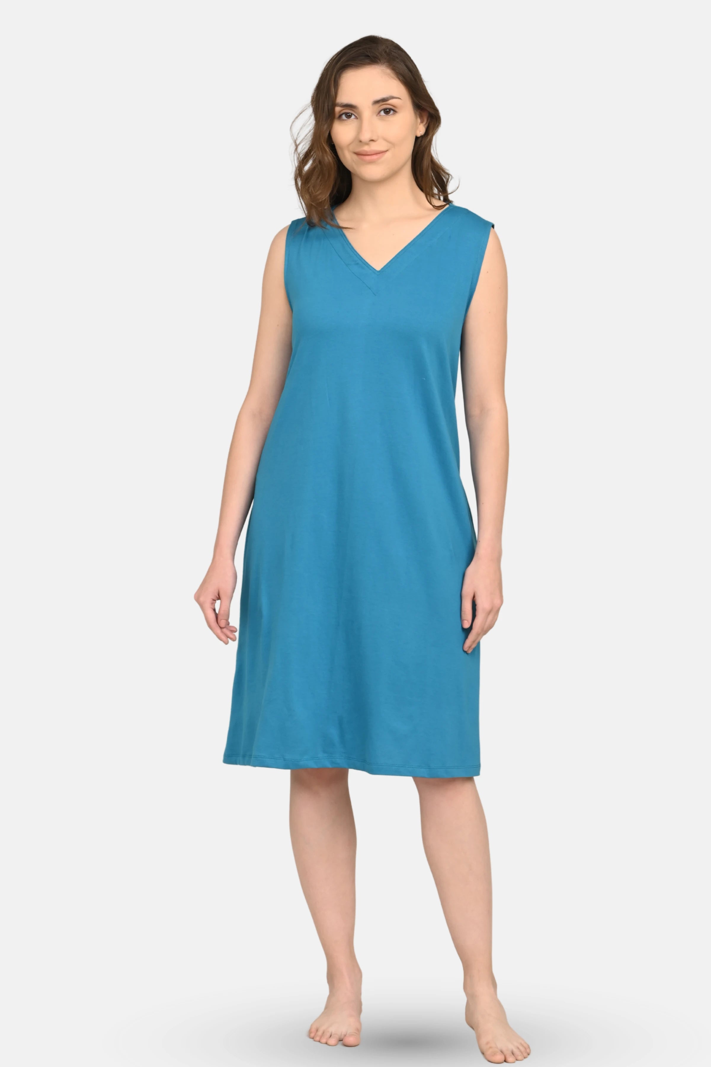 Cotton Nighty With Pockets | Knee-Length In Blue