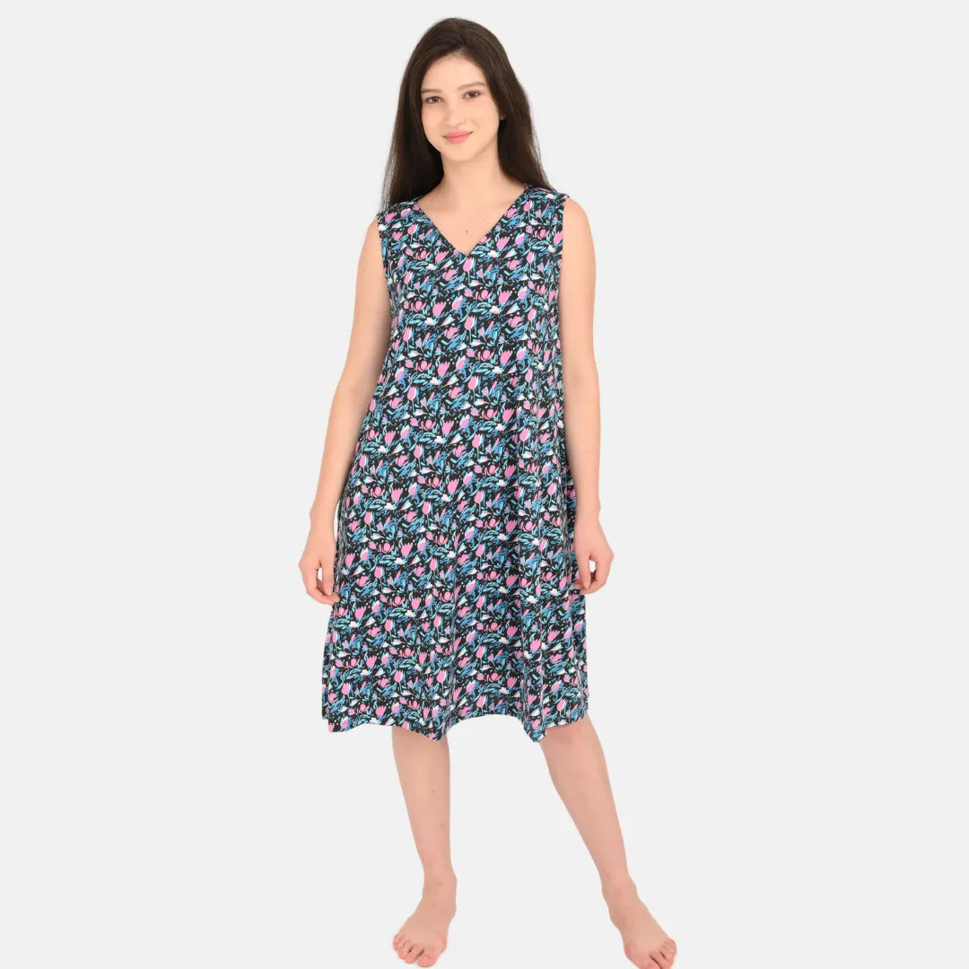 V Neck Nighty Multicolor Pack Of 1