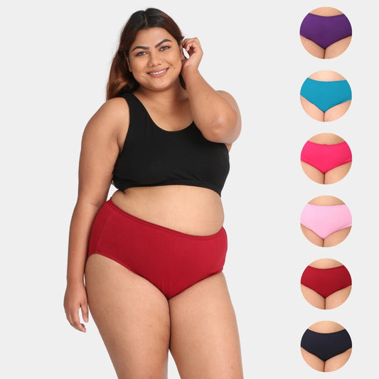 Plus Size Cotton Briefs | High Waist | Full Hip & Back Coverage | For Curvy Women | No Exposed Elastic At Waist & Thigh Round | Prevents Friction & Rash Free | 6 Pack