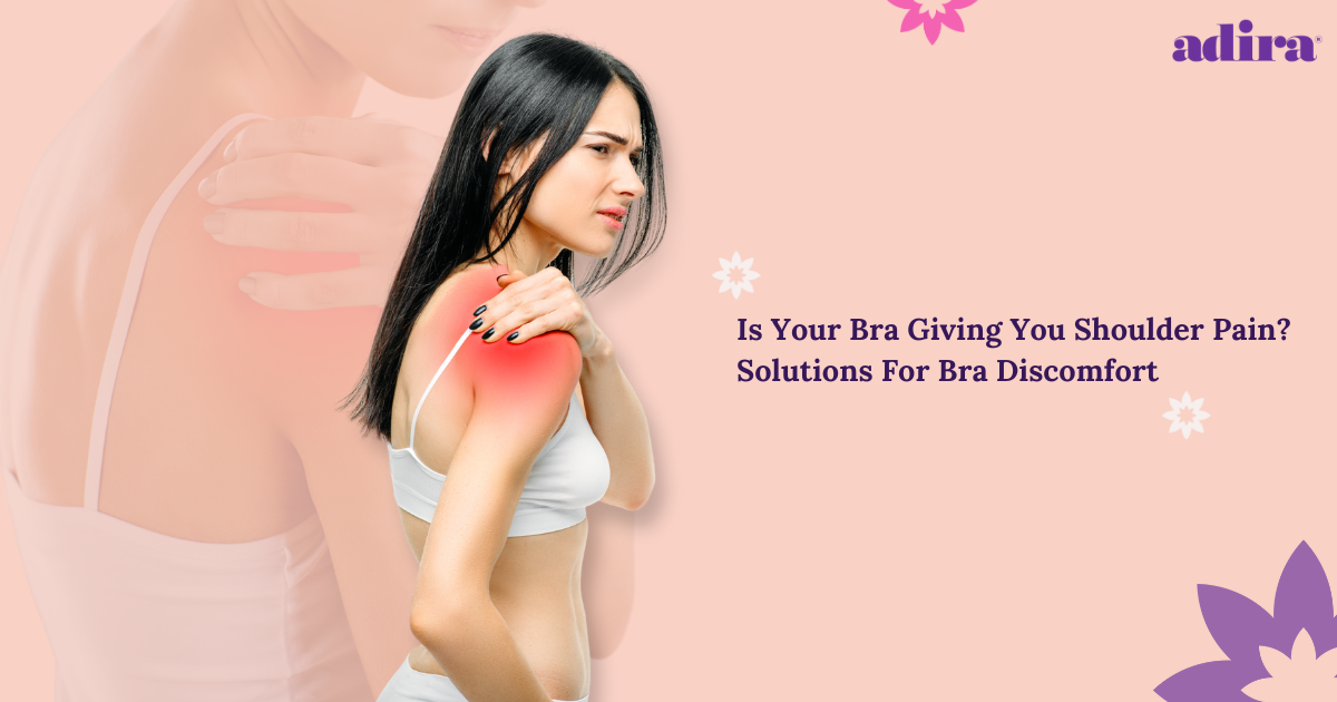 An image of a young woman with shoulder pain from her bra with the title is your bra giving you shoulder pain? Solutions for bra discomfort 