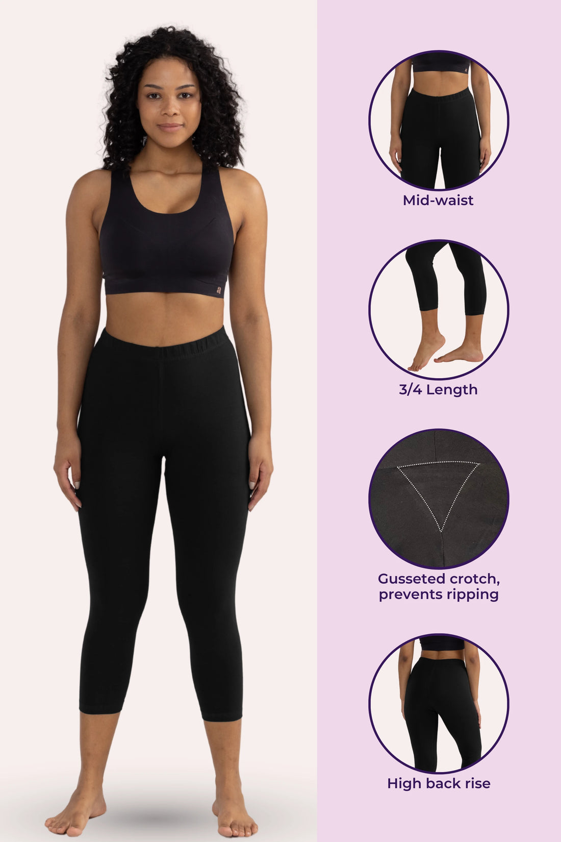 Woman wearing a black sports bra and black cropped leggings on a white background