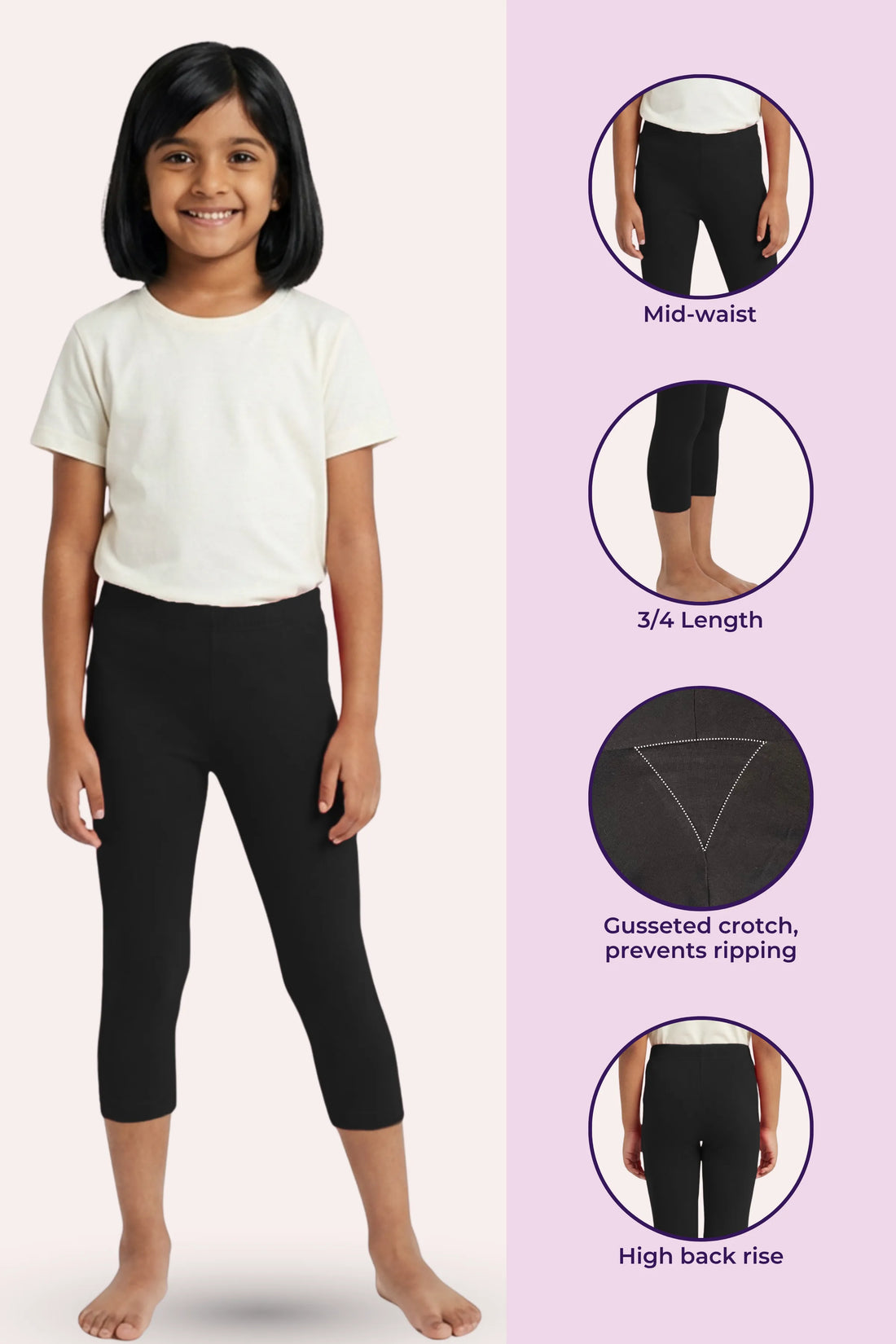 Girls’ Cropped Leggings | Mid Waist | 3/4 Length | Cotton–Elastane Blend | Non-See-Through | Gusset Crotch to Prevent Ripping