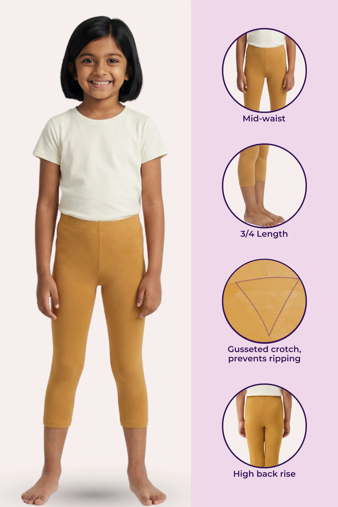 Girls’ Cropped Leggings | Mid Waist | 3/4 Length | Cotton–Elastane Blend | Non-See-Through | Gusset Crotch to Prevent Ripping
