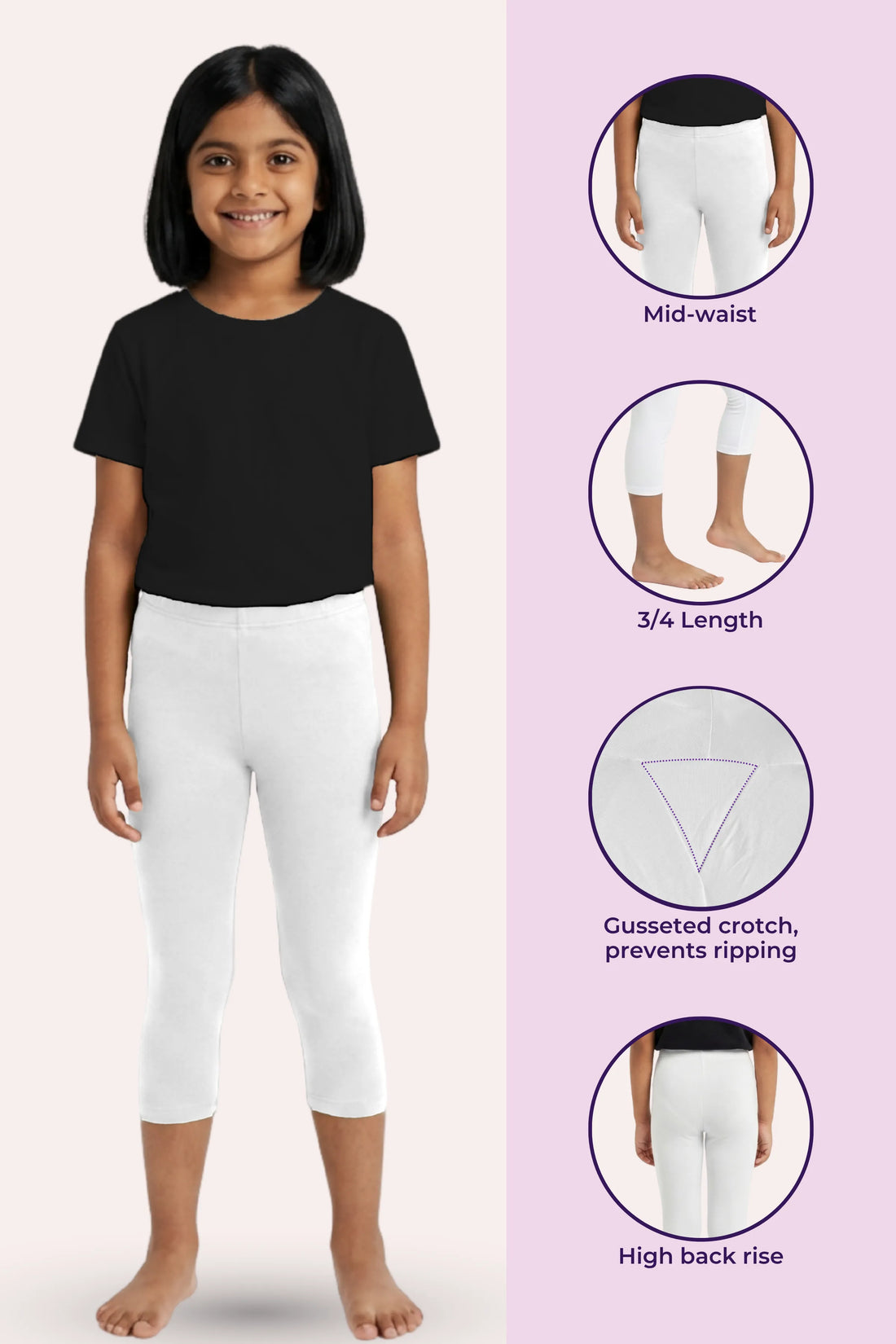 Girls’ Cropped Leggings | Mid Waist | 3/4 Length | Cotton–Elastane Blend | Non-See-Through | Gusset Crotch to Prevent Ripping