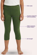 Green capri leggings with text labels on a white background