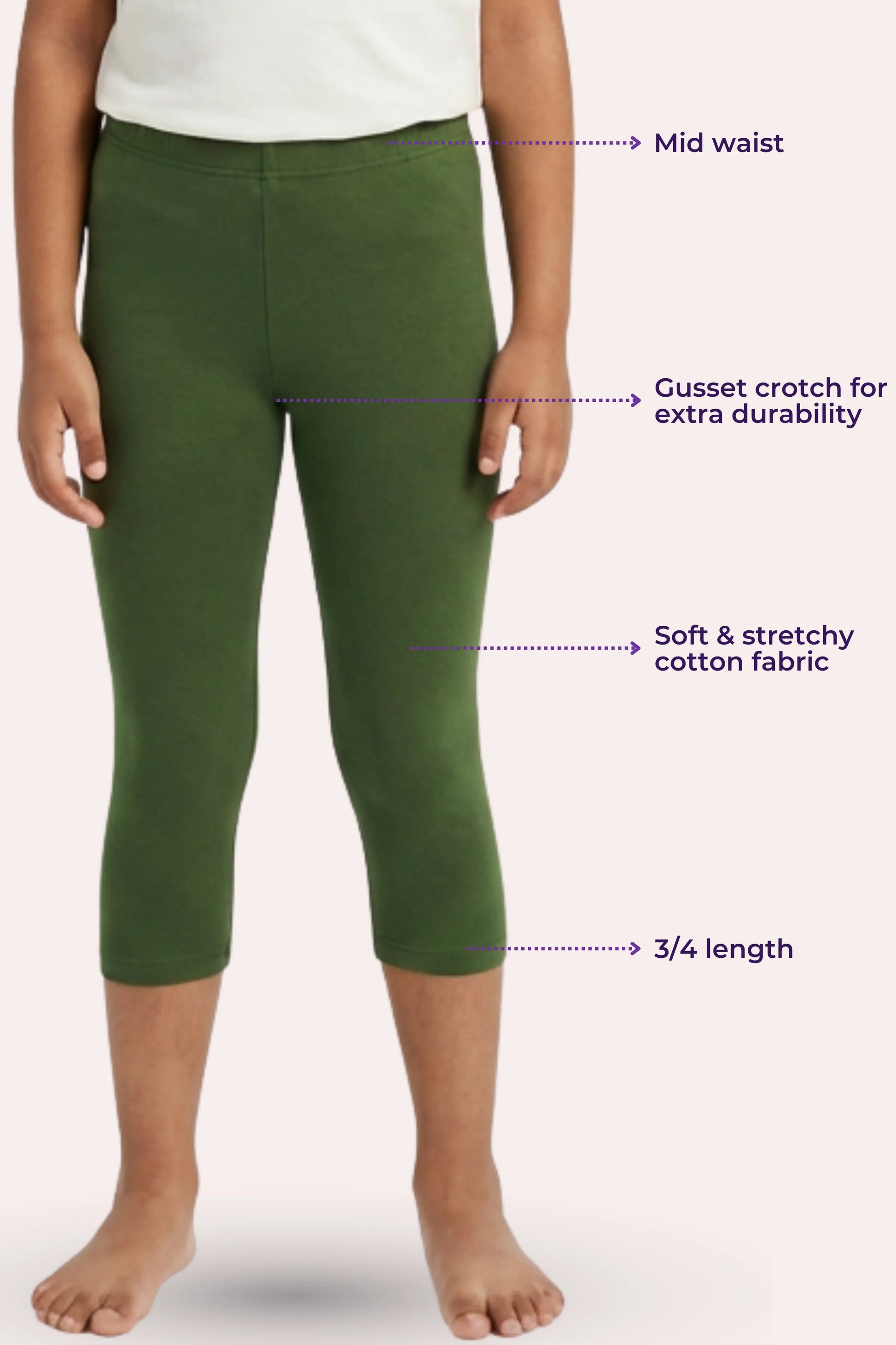 Green capri leggings with text labels on a white background