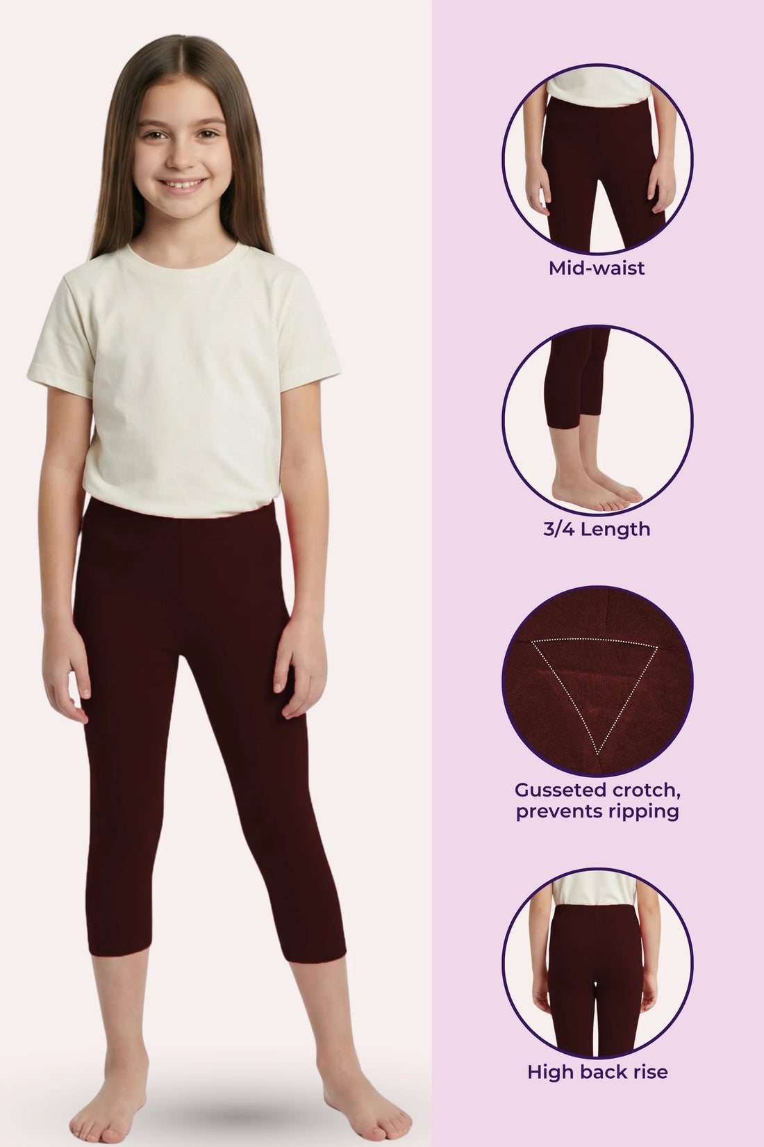Teen Cropped Leggings | Mid Waist | 3/4 Length | Cotton–Elastane Blend | Non-See-Through | Gusset Crotch to Prevent Ripping
