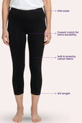 Black capri leggings shown on a model from the waist down, with purple text callouts pointing to mid waist, gusset crotch, soft stretchy fabric, and 3/4 length.