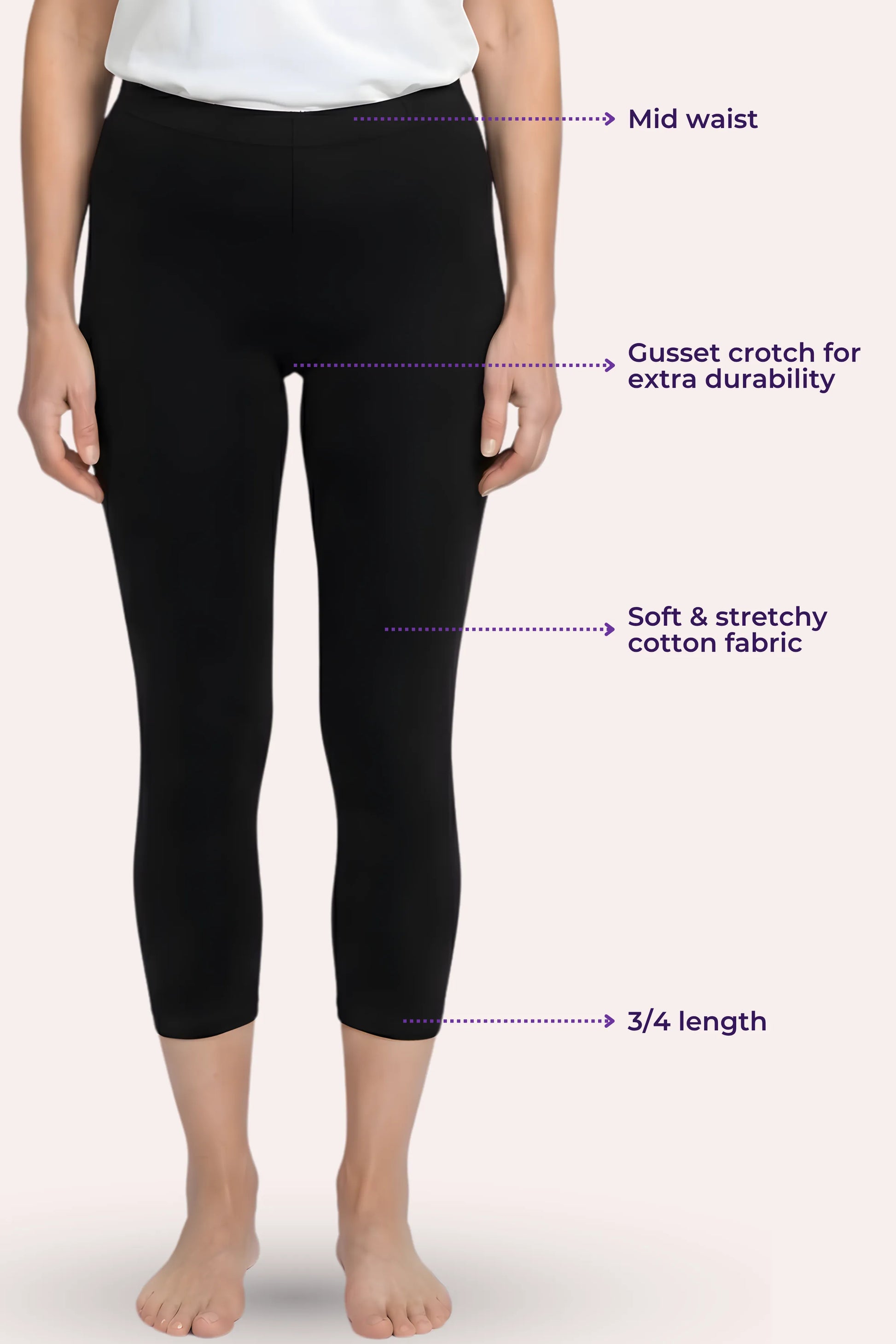 Black capri leggings shown on a model from the waist down, with purple text callouts pointing to mid waist, gusset crotch, soft stretchy fabric, and 3/4 length.
