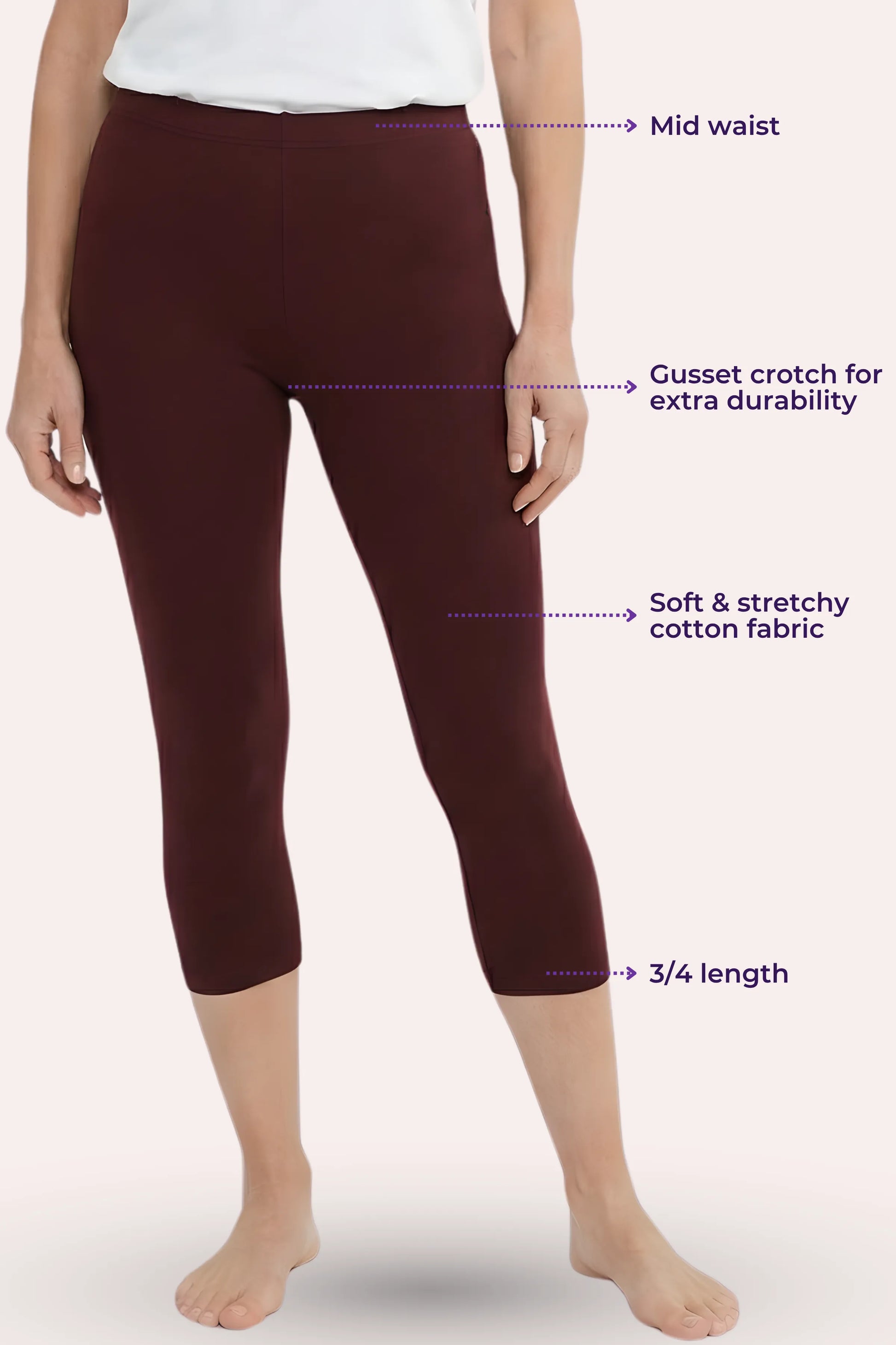 A model wearing brown capri leggings with text callouts pointing to the mid-waist, gusset crotch, stretch fabric, and 3/4 length.