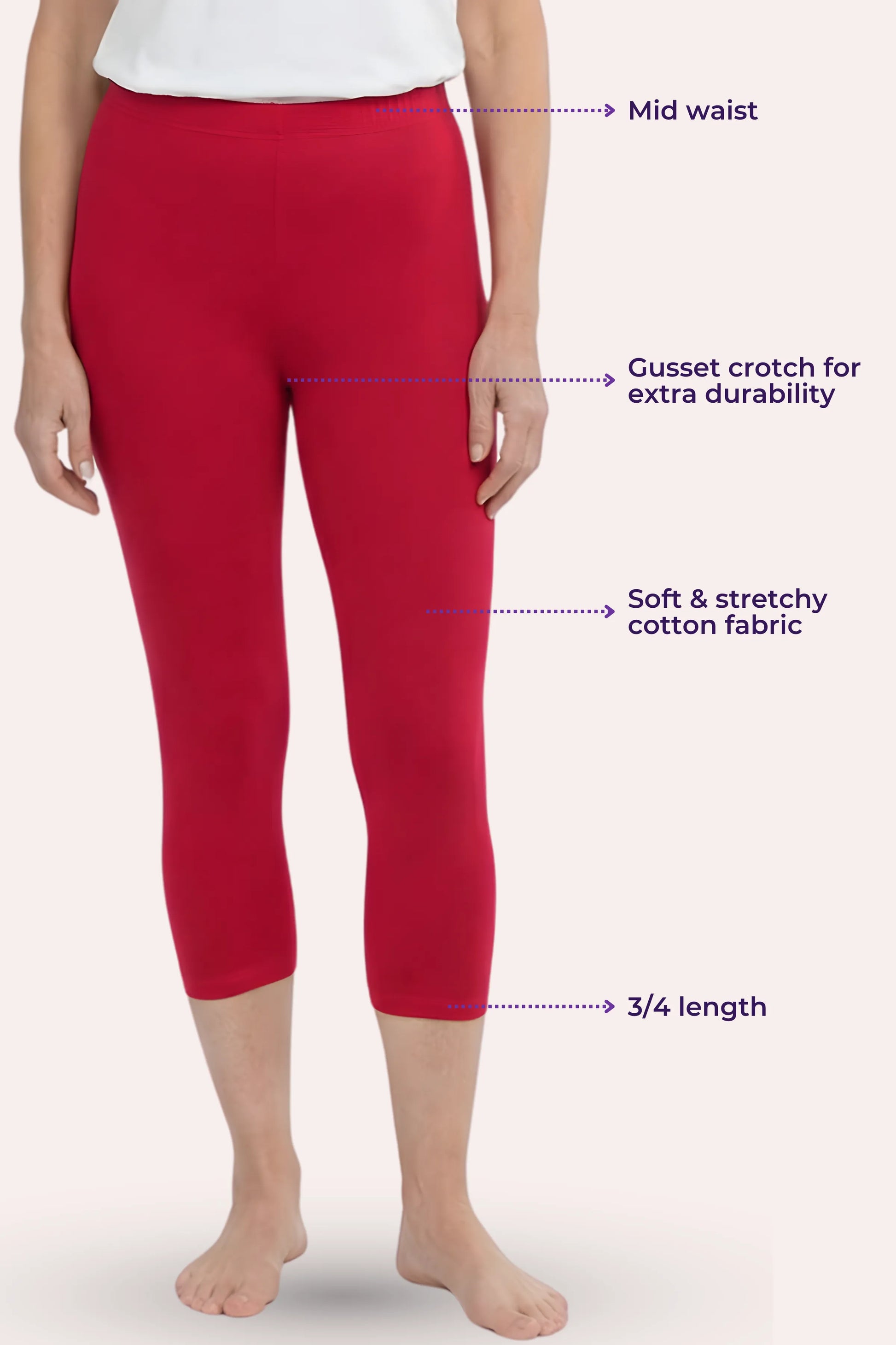 A model wearing dark pink capri leggings with text callouts pointing to the mid-waist, cusset crotch, stretchy fabric, and 3/4 length on a pale pink background.