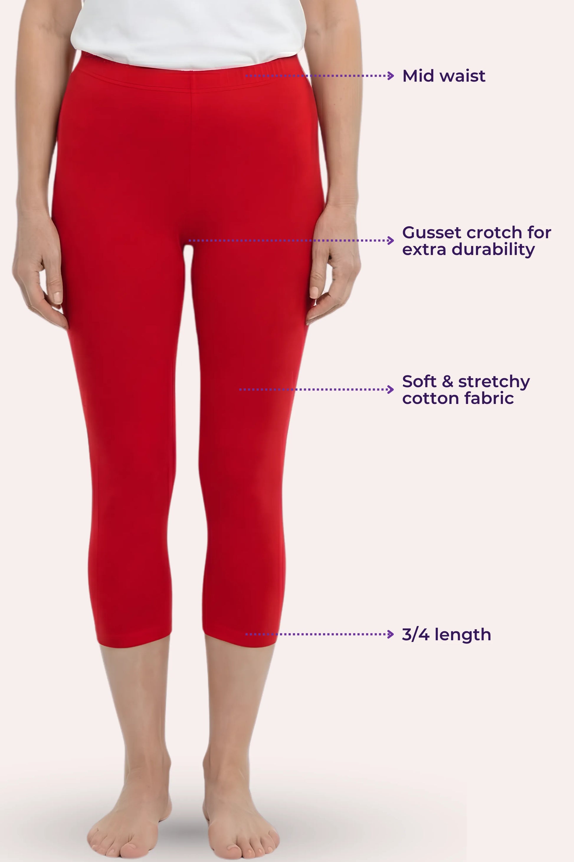Red 3/4 length capri leggings shown on a model from the waist down, with purple text callouts highlighting features like mid waist, gusset crotch, stretchy fabric, and length.