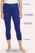 A model wearing royal blue capris with text callouts pointing to features like mid waist, gusset crotch, soft stretchy fabric, and 3/4 length.
