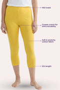 A model wearing bright yellow capri leggings with text callouts pointing to the mid waist, gusset crotch, stretchy fabric, and 3/4 length.