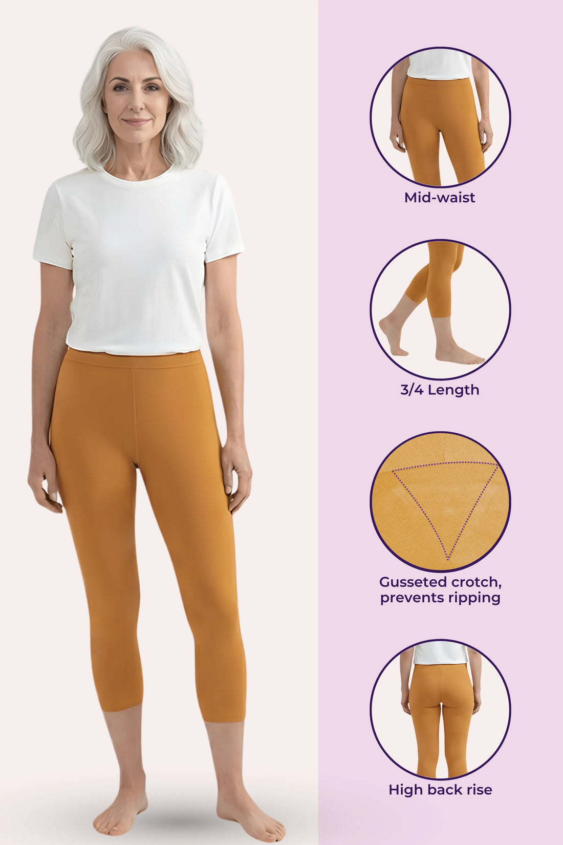 An elder woman wearing a white top and mustard-yellow cropped leggings.