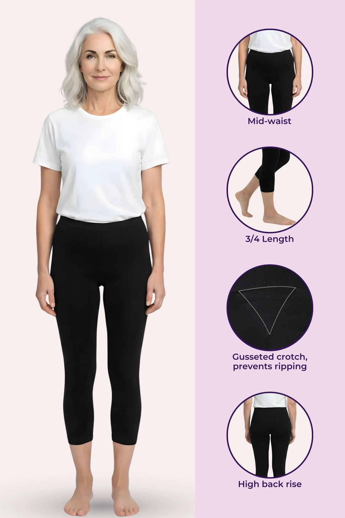An elder woman wearing a white t-shirt and black high-waisted capri leggings.