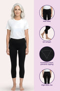 A woman modeling black capri leggings against a pale pink background, with four circular inset detail views on the right showing mid-waist, 3/4 length, and Gusseted crotch high-rise details with labels.