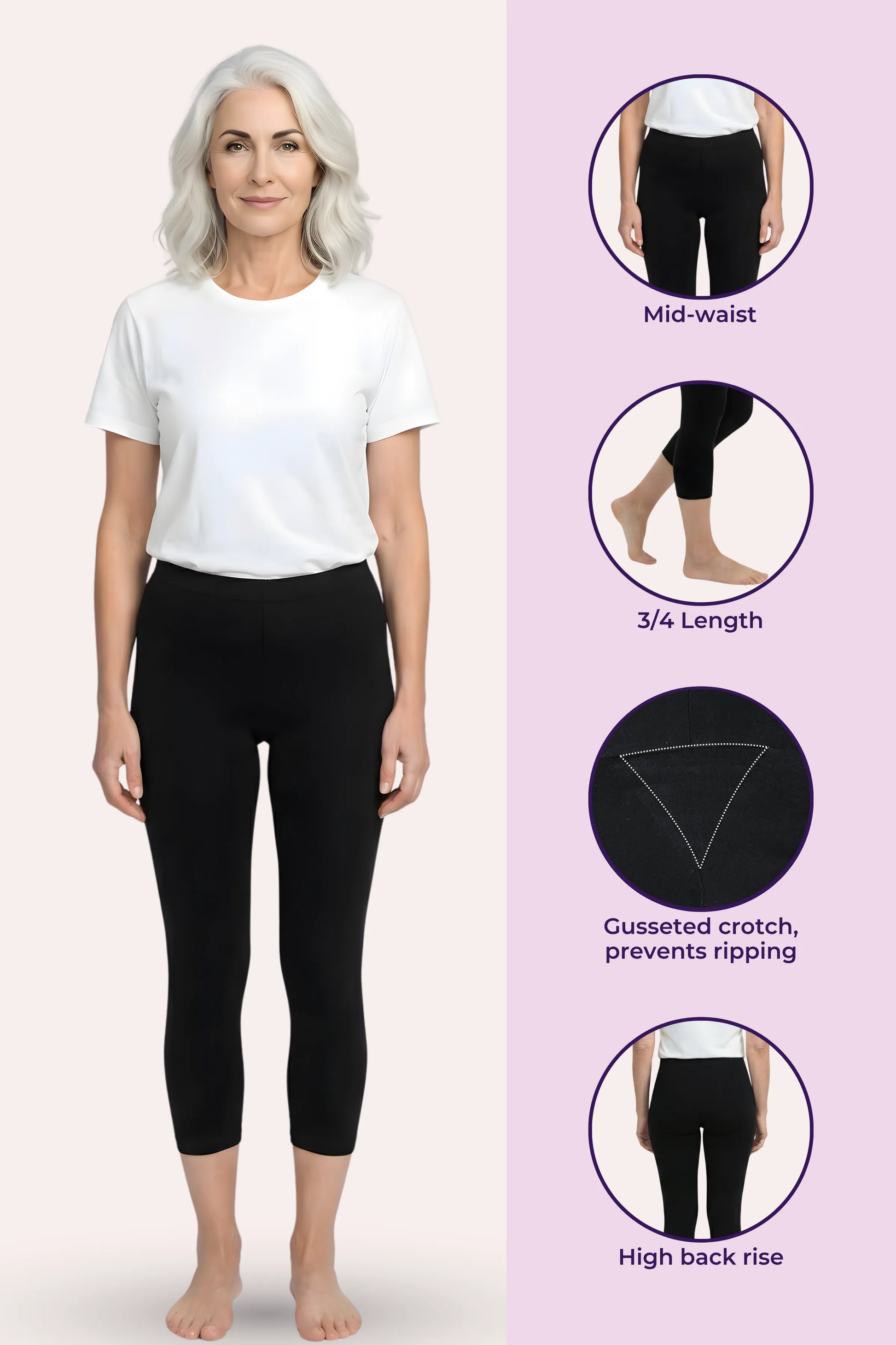 A woman modeling black capri leggings against a pale pink background, with four circular inset detail views on the right showing mid-waist, 3/4 length, and Gusseted crotch high-rise details with labels.