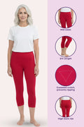A woman model dark pink capri leggings with a white t-shirt, shown against a split light pink and lavender background. The right side includes three circular inset images highlighting features: mid-waist fit, 3/4 length, and Gusseted crotch with high back rise.