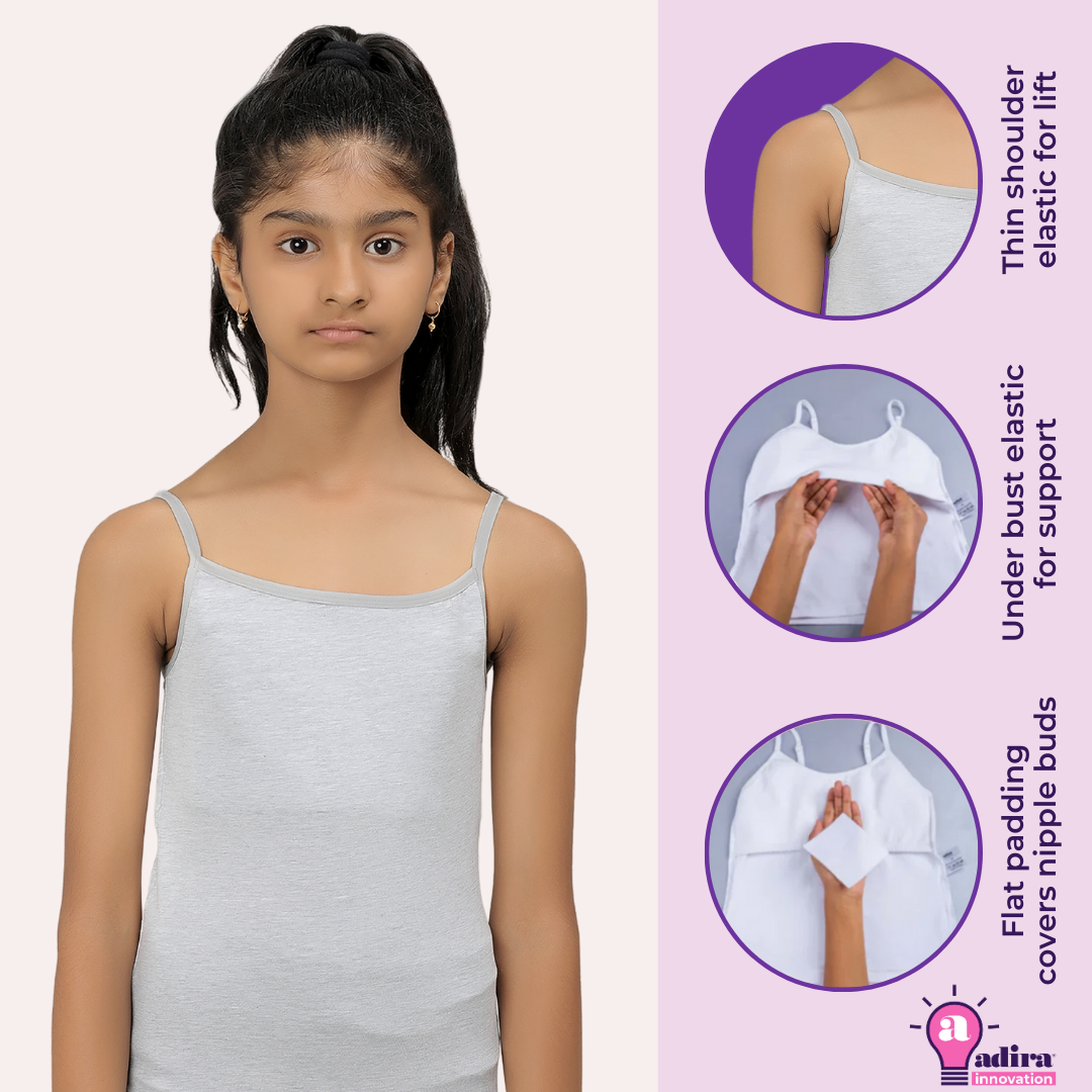 Buy Adira, Girls Starter Camisole, Flat Padded Innerwear Vest, Camisole  For Puberty, Girls Slip, Covers Nipples & Gives Confidence At School, stretchy Cotton