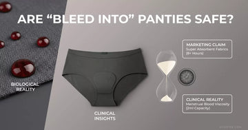 Black underwear with text about bleeding safety and marketing claims on a gray background