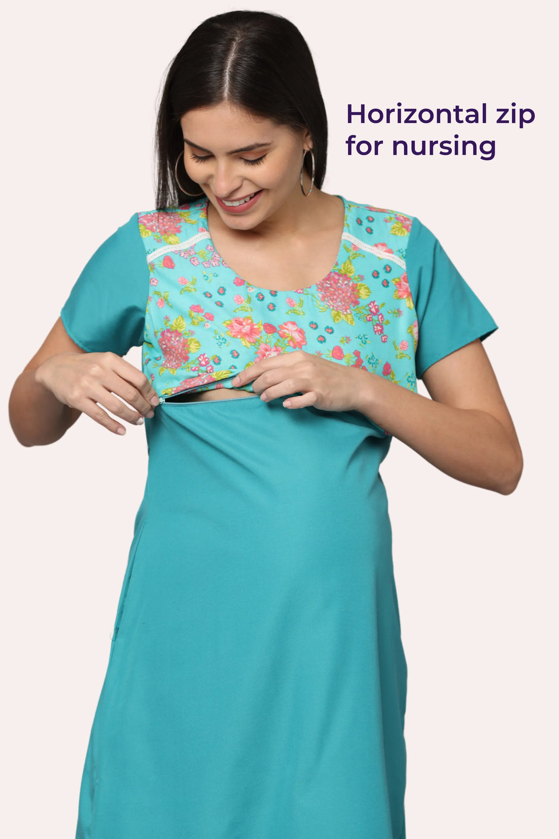 Teal Maternity Gown With Floral Yoke | Horizontal Zip Closures | Ideal For Pregnancy & Breastfeeding