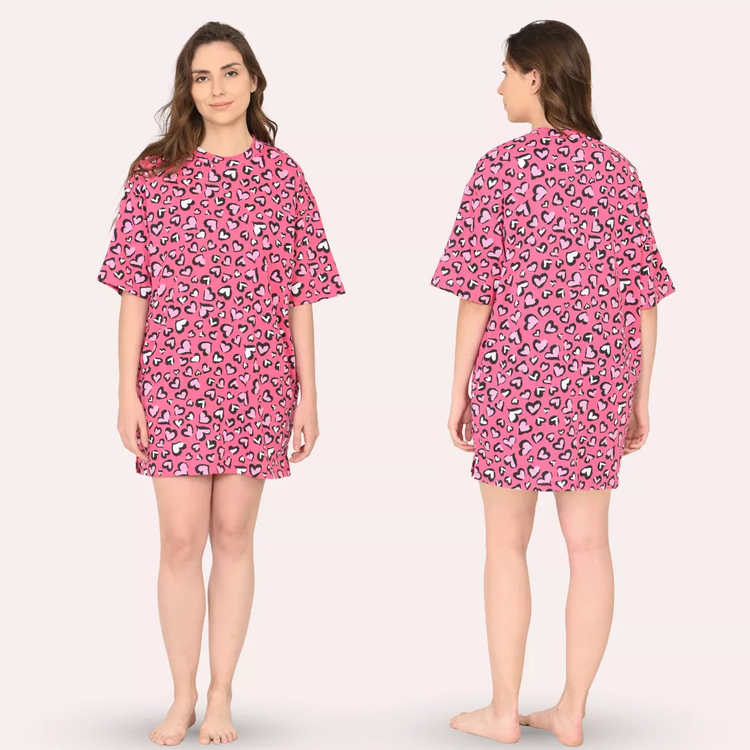 Woman wearing a candy heart aop baggy t shirt, front and back views