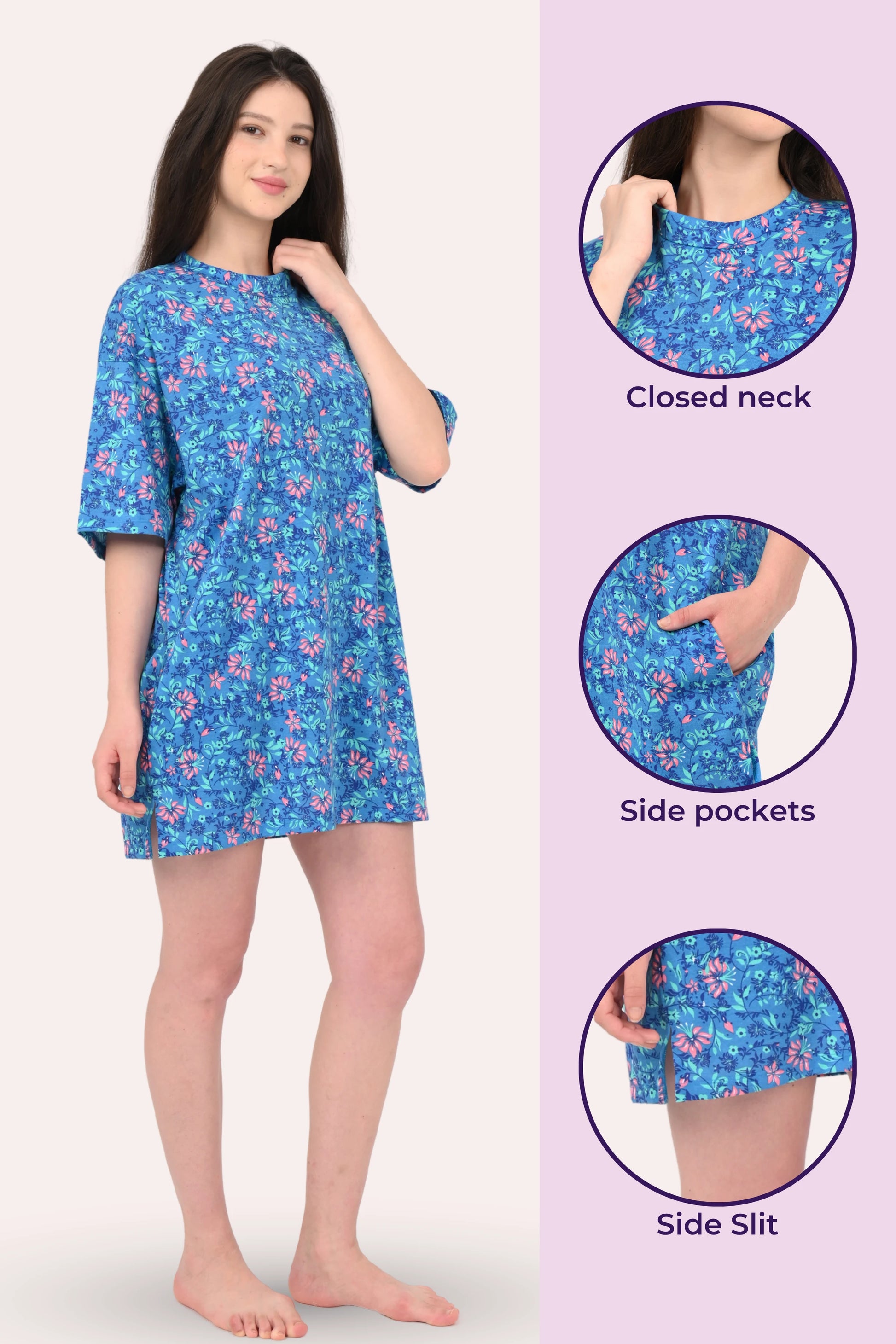 Woman wearing a blue floral dress with close-up details on a white background