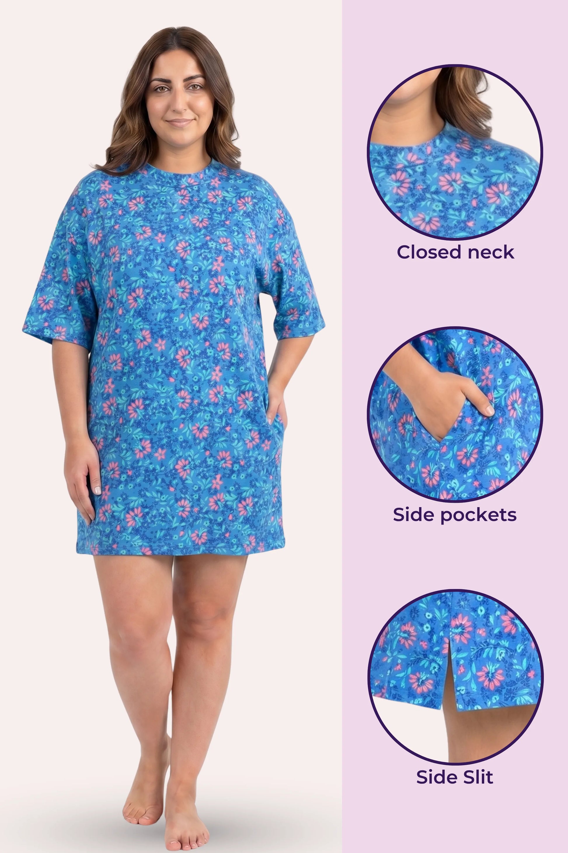 A woman model a blue floral nightshirt with side pockets and a closed neckline.