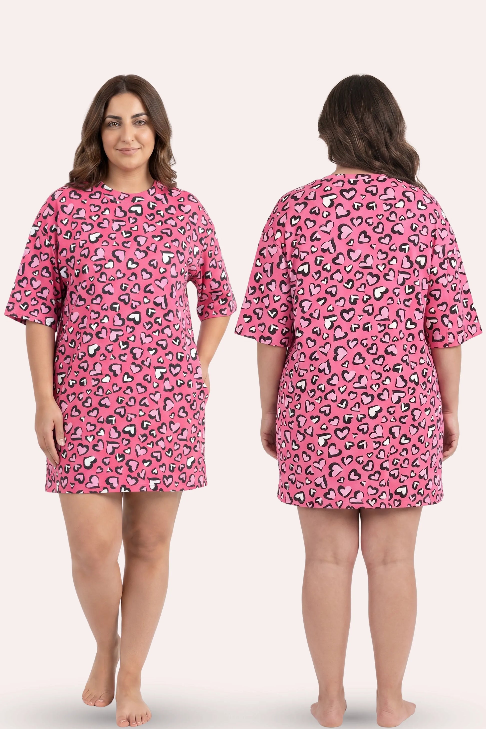 A plus-size model is shown from the front and back wearing a pink hearts pattern.