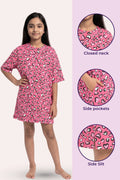 A young girl modeling a pink night dress heart pattern. The image includes three circular detail.