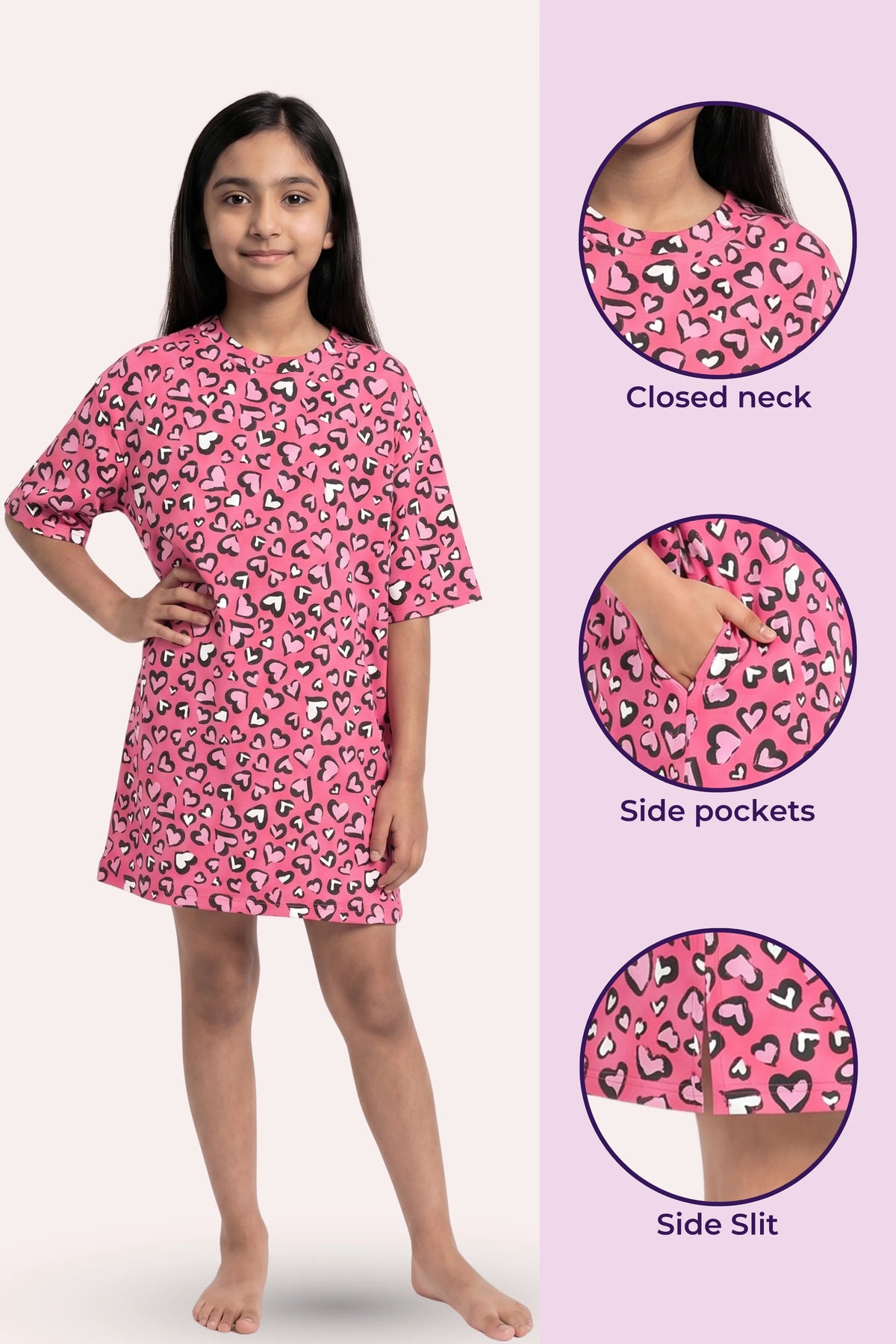A young girl modeling a pink night dress heart pattern. The image includes three circular detail.