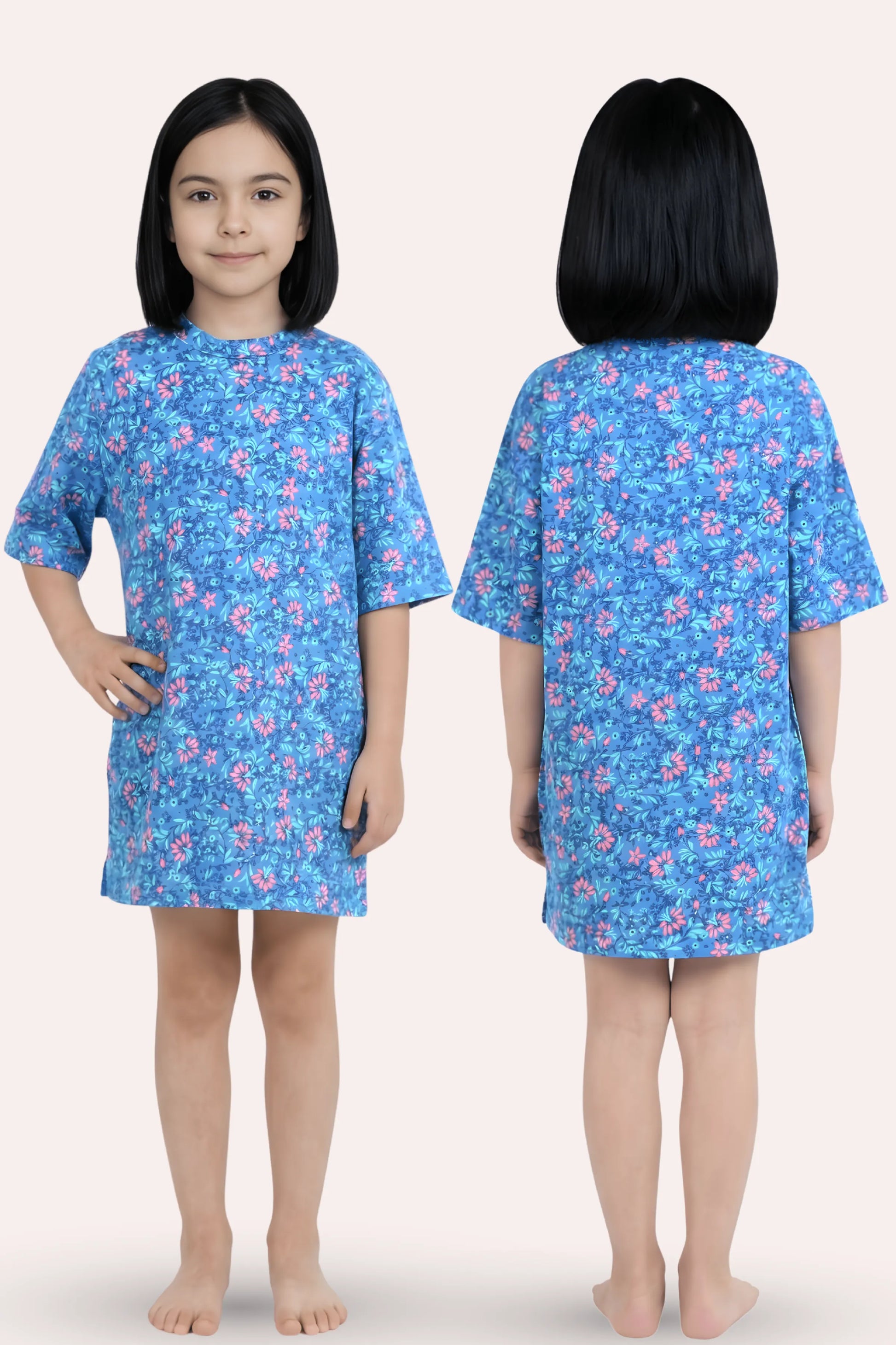 A girl modela blue dress with a pink and light blue floral pattern, shown from both the front and back views.