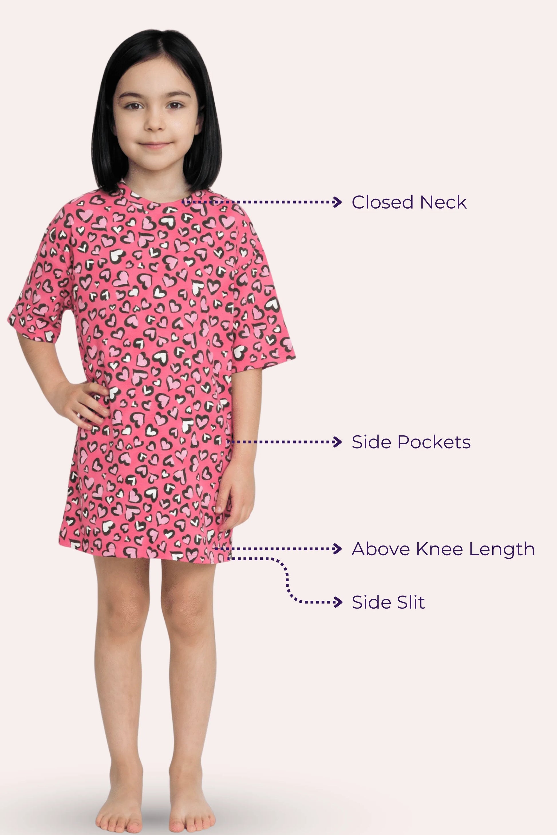 A girl modeling a pink nightgown hearts pattern. The image includes text callouts with the features.