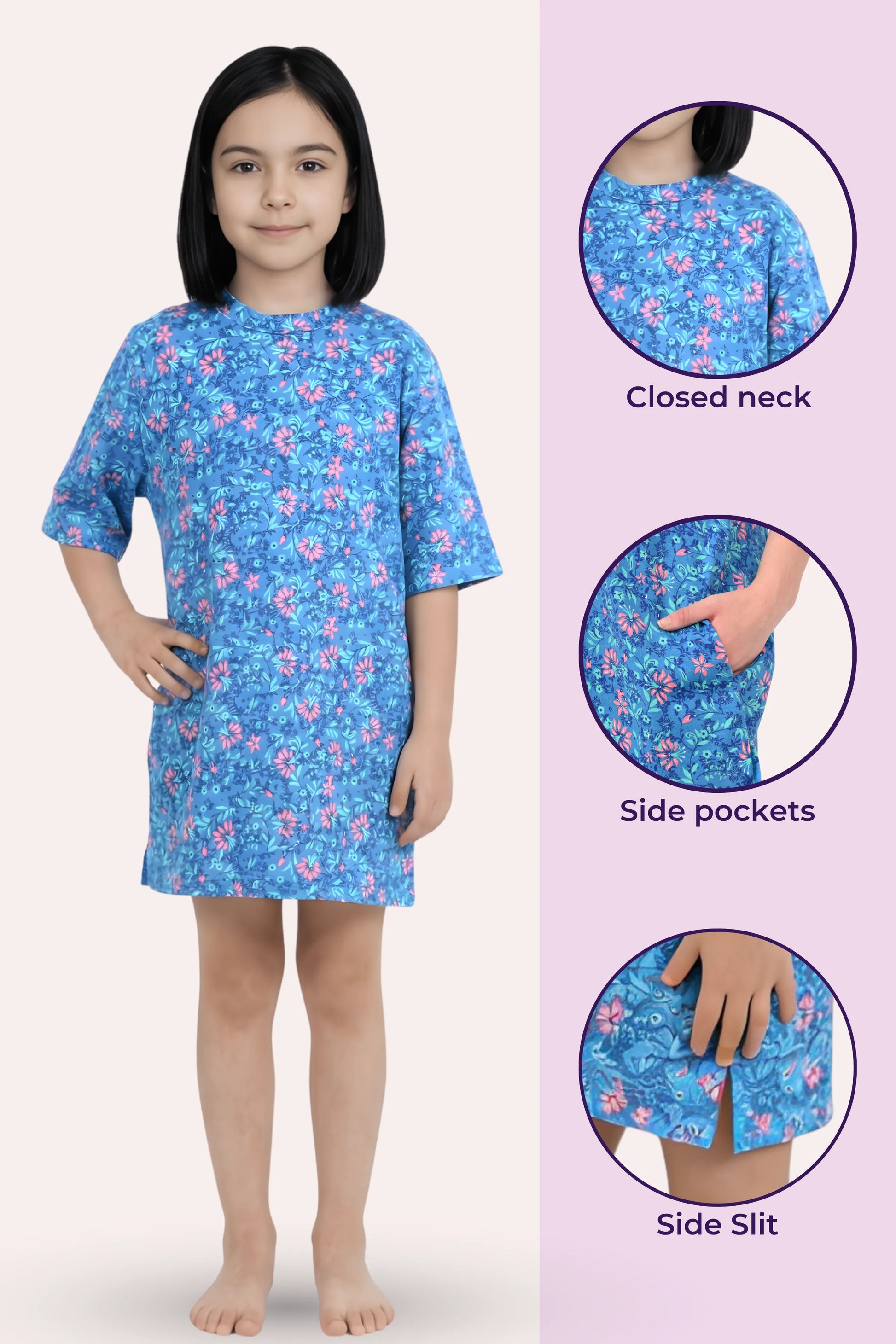 A girl wearing a blue floral nightgown with three circular inset detail views.