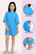 Blue nightgown with features highlighted on a pink background