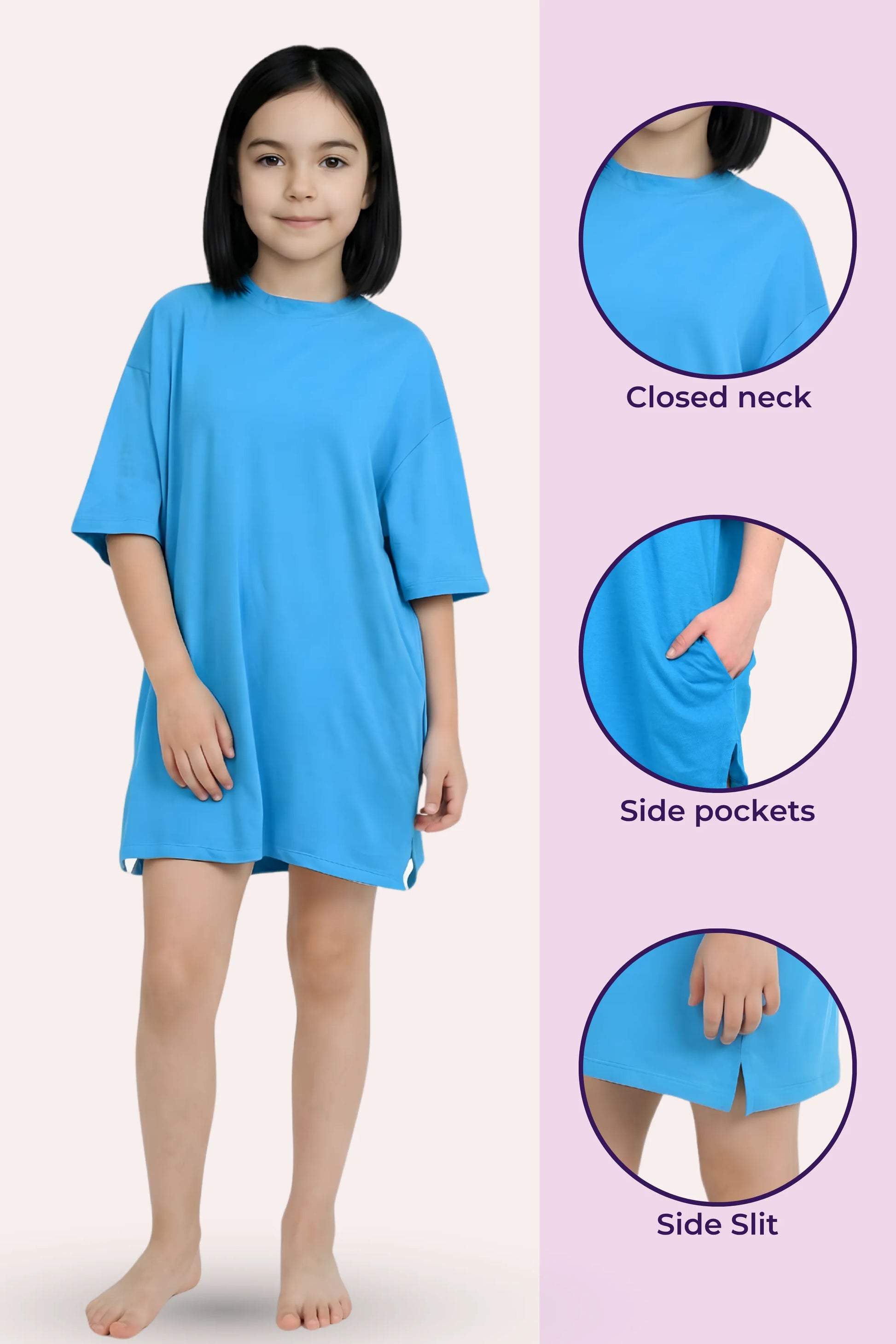 Blue nightgown with features highlighted on a pink background