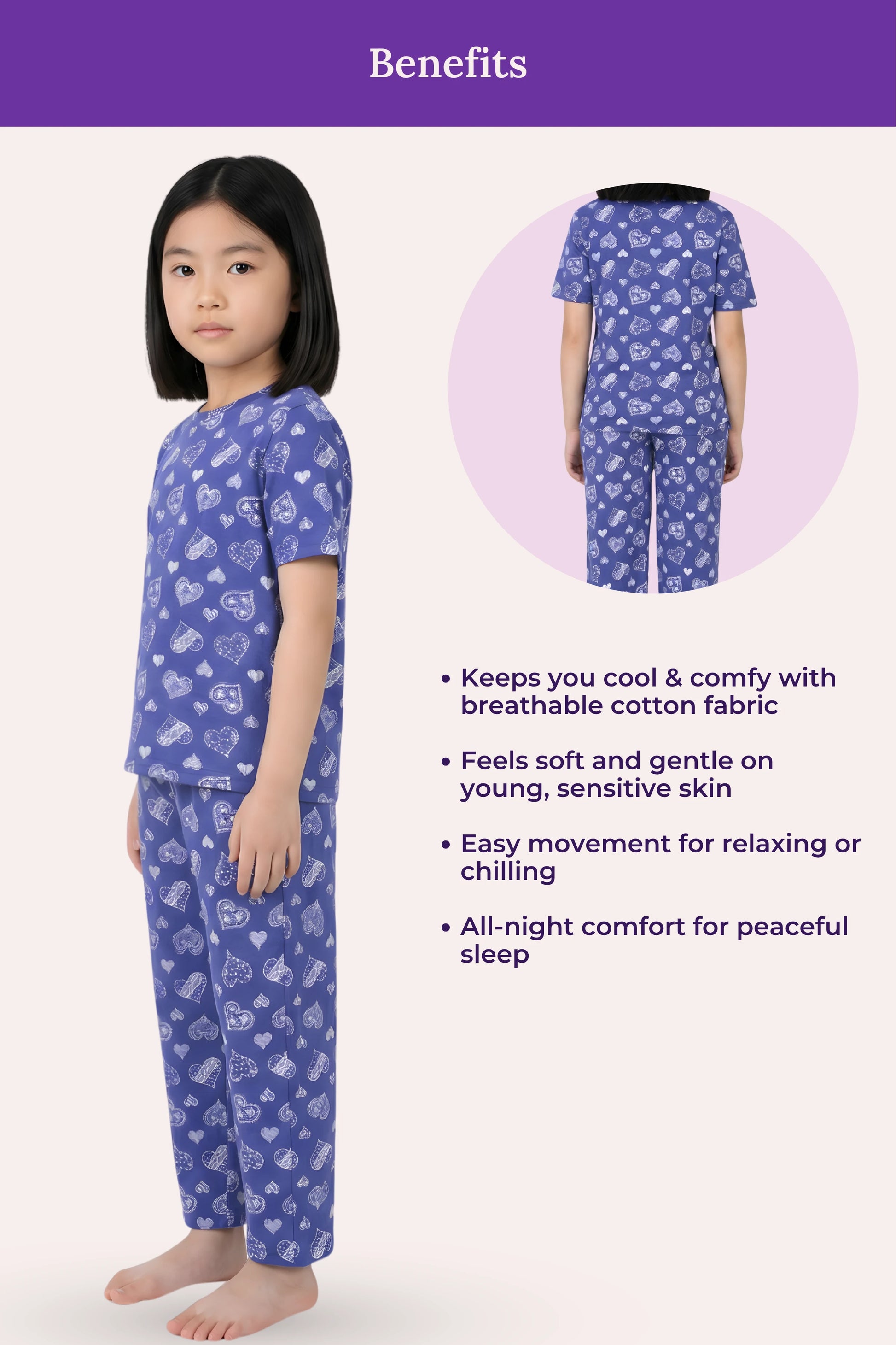 Girls wearing navy hearts pajamas with a pattern, standing next to an inset image of the pajamas
