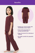Girl wearing wine pajamas with text highlighting benefits