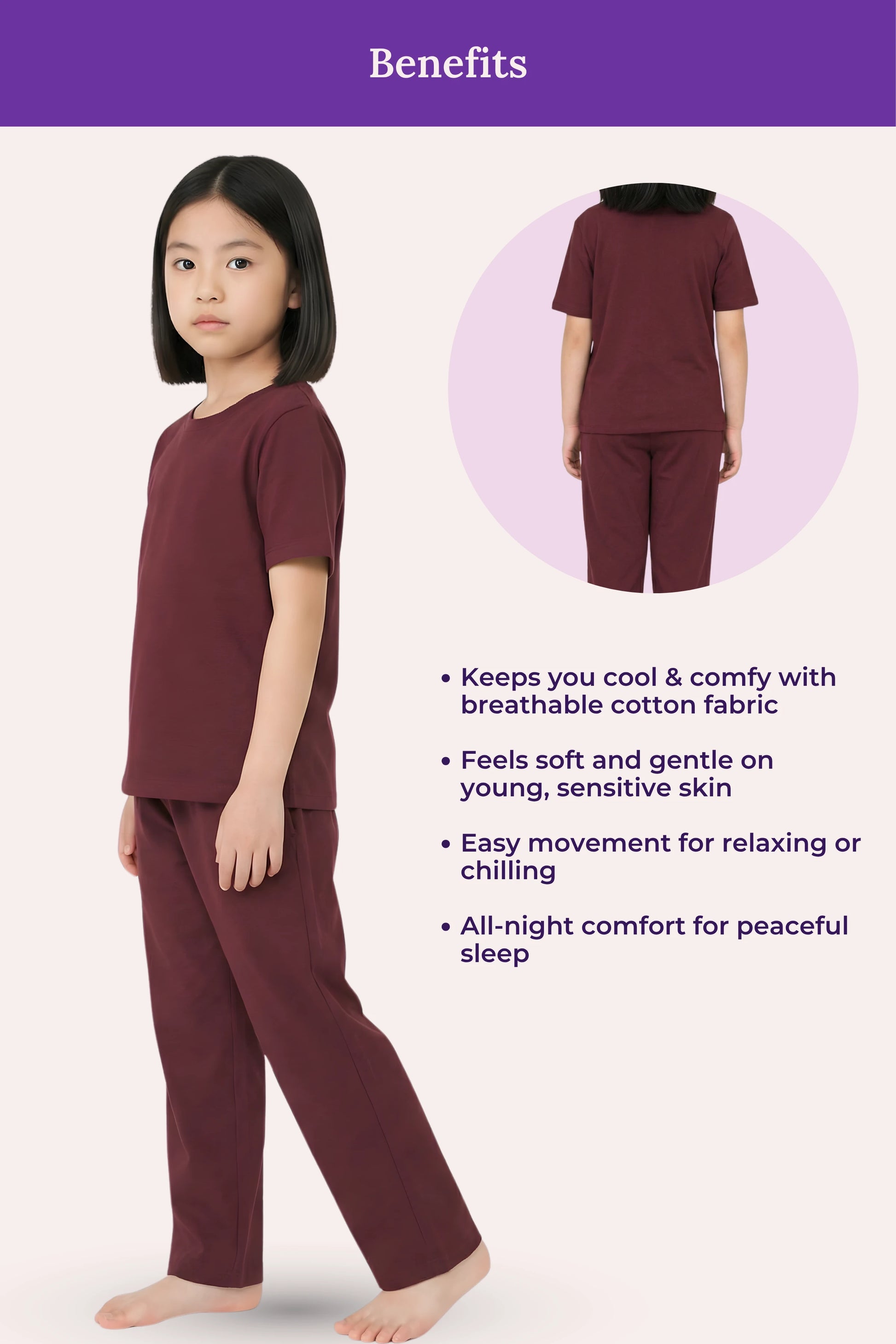 Girl wearing wine pajamas with text highlighting benefits