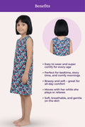 A girl model wearing a sleeveless nightgown with a blue floral print, shown on listed benefits.