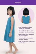 A girl wearing a sleeveless peacock blue dress shown on a benefits.