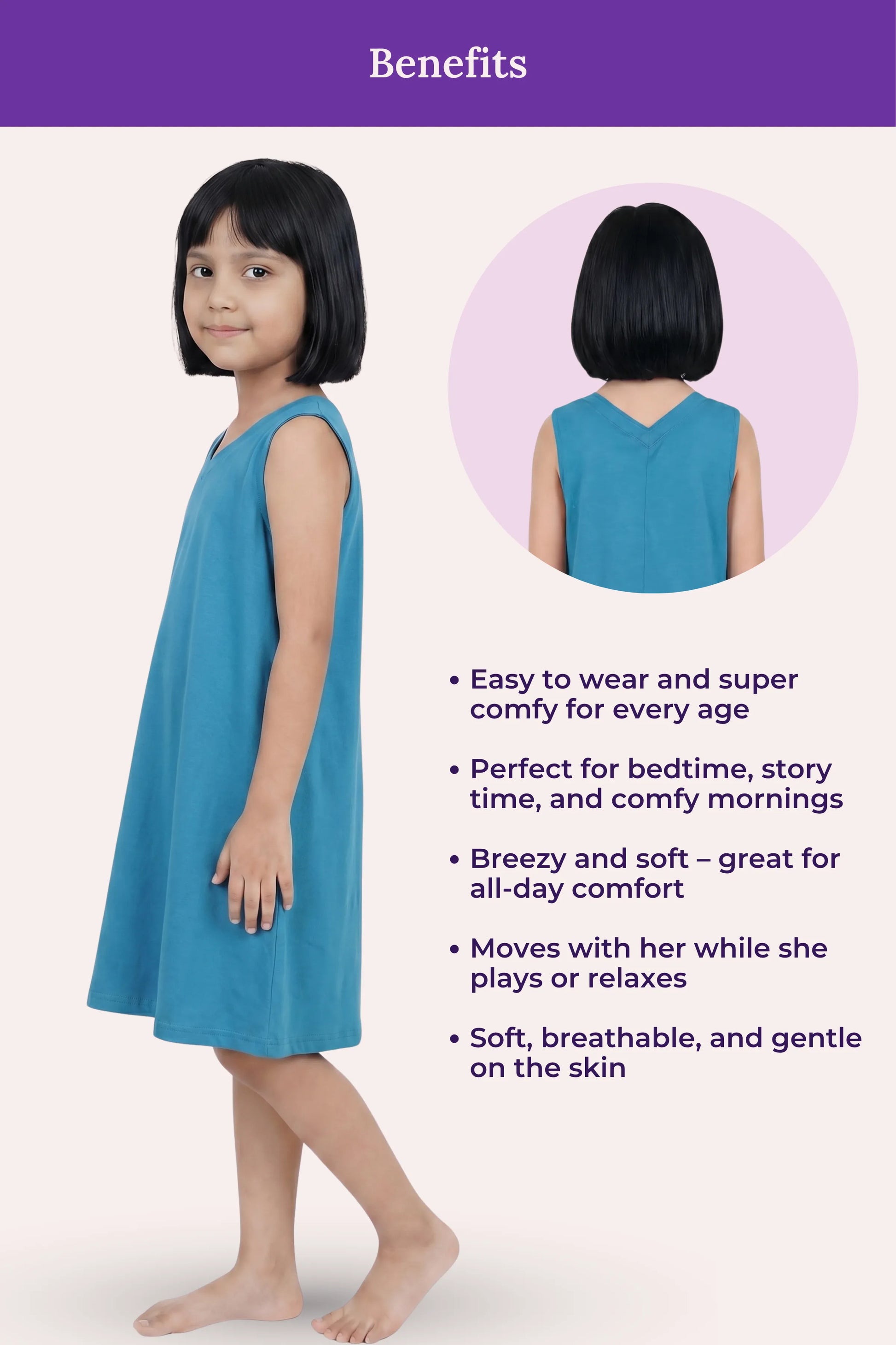 A girl wearing a sleeveless peacock blue dress shown on a benefits.